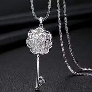 925 Sterling Silver Camellia Blossom Key Long Chain Necklace w/ Zircon Accents